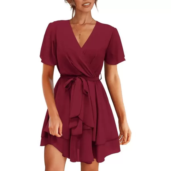 imageBTFBM Women 2023 Fashion Faux Wrap VNeck Dresses Short Sleeve High Waist Belt Swing Ruffle Hem Aline Summer Short DressZwine Red