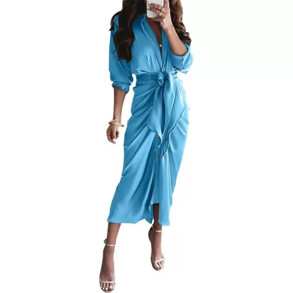 imageBTFBM Women 2023 Long Sleeve Lapel V Neck Button Down Satin Dress Belted Elegant Ruched Summer Fall Maxi Shirt DressesSolid Aqua Blue