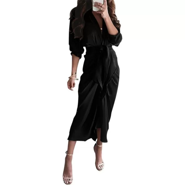 imageBTFBM Women 2023 Long Sleeve Lapel V Neck Button Down Satin Dress Belted Elegant Ruched Summer Fall Maxi Shirt DressesSolid Black