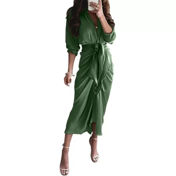 imageBTFBM Women 2023 Long Sleeve Lapel V Neck Button Down Satin Dress Belted Elegant Ruched Summer Fall Maxi Shirt DressesSolid Dark Army Green