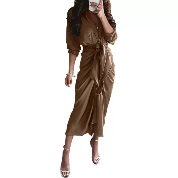 imageBTFBM Women 2023 Long Sleeve Lapel V Neck Button Down Satin Dress Belted Elegant Ruched Summer Fall Maxi Shirt DressesSolid Dark Brown