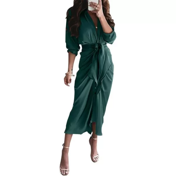 imageBTFBM Women 2023 Long Sleeve Lapel V Neck Button Down Satin Dress Belted Elegant Ruched Summer Fall Maxi Shirt DressesSolid Dark Green