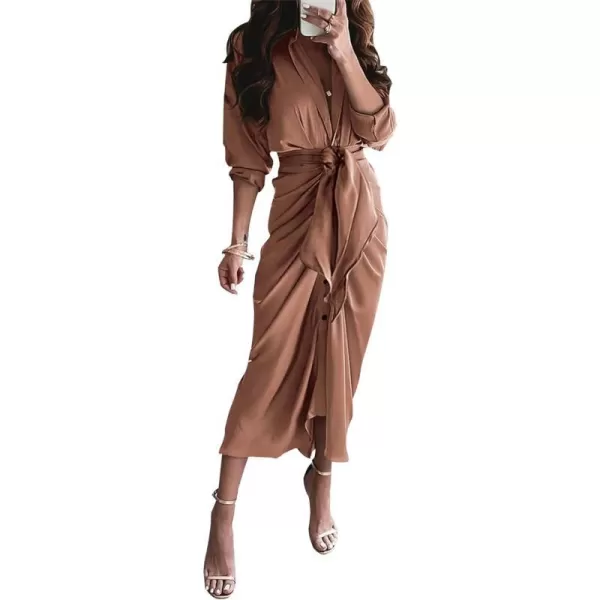 imageBTFBM Women 2023 Long Sleeve Lapel V Neck Button Down Satin Dress Belted Elegant Ruched Summer Fall Maxi Shirt DressesSolid Dark Khaki