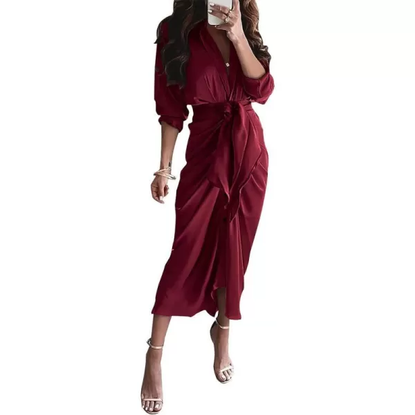 imageBTFBM Women 2023 Long Sleeve Lapel V Neck Button Down Satin Dress Belted Elegant Ruched Summer Fall Maxi Shirt DressesSolid Dark Wine Red