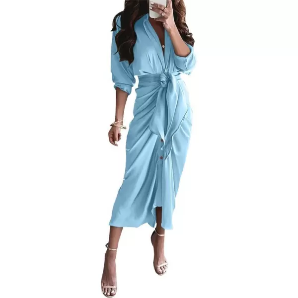 imageBTFBM Women 2023 Long Sleeve Lapel V Neck Button Down Satin Dress Belted Elegant Ruched Summer Fall Maxi Shirt DressesSolid Light Blue