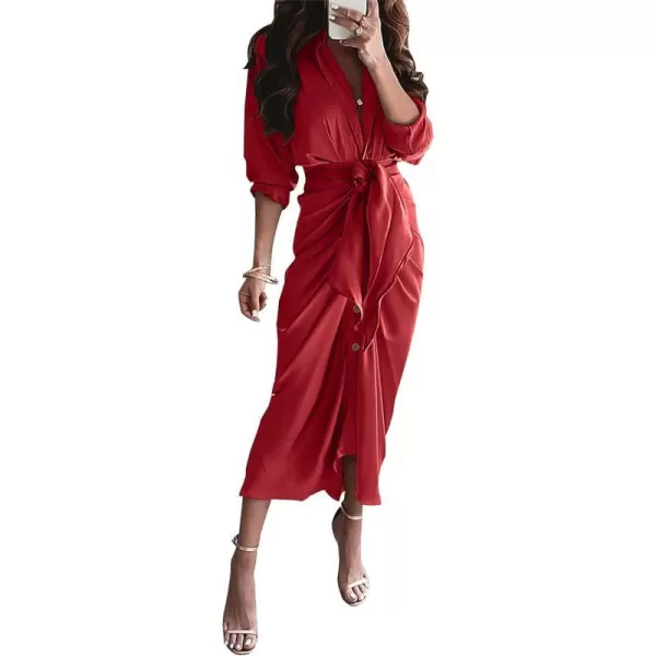 imageBTFBM Women 2023 Long Sleeve Lapel V Neck Button Down Satin Dress Belted Elegant Ruched Summer Fall Maxi Shirt DressesSolid Red