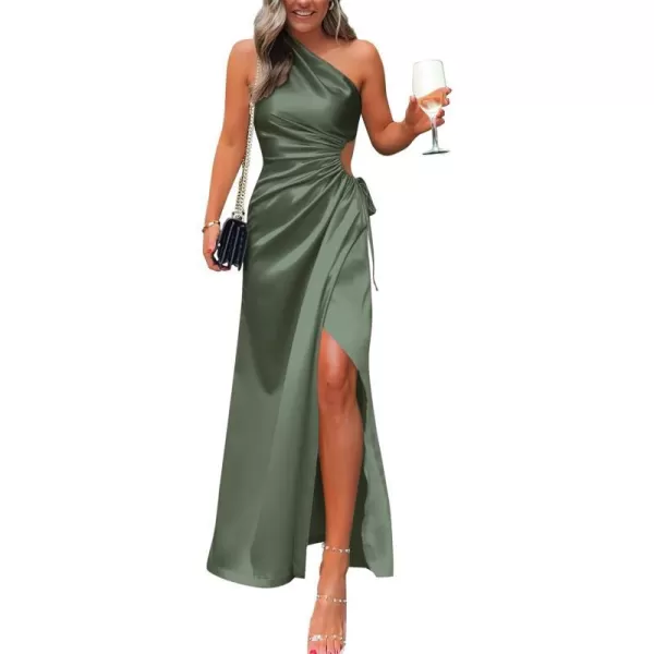 imageBTFBM Women 2023 One Shoulder Prom Dresses Sleeveless Cutout Ruched Adjustable Split Satin Party Cocktail Maxi DressSolid Army Green