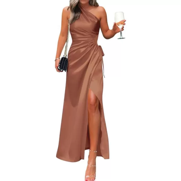 imageBTFBM Women 2023 One Shoulder Prom Dresses Sleeveless Cutout Ruched Adjustable Split Satin Party Cocktail Maxi DressSolid Brown