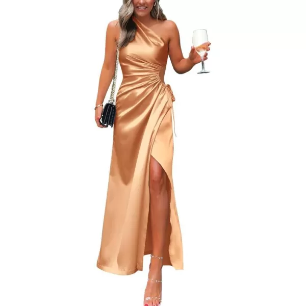 imageBTFBM Women 2023 One Shoulder Prom Dresses Sleeveless Cutout Ruched Adjustable Split Satin Party Cocktail Maxi DressSolid Champagne