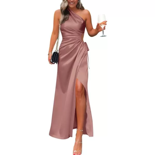 imageBTFBM Women 2023 One Shoulder Prom Dresses Sleeveless Cutout Ruched Adjustable Split Satin Party Cocktail Maxi DressSolid Dusty Pink