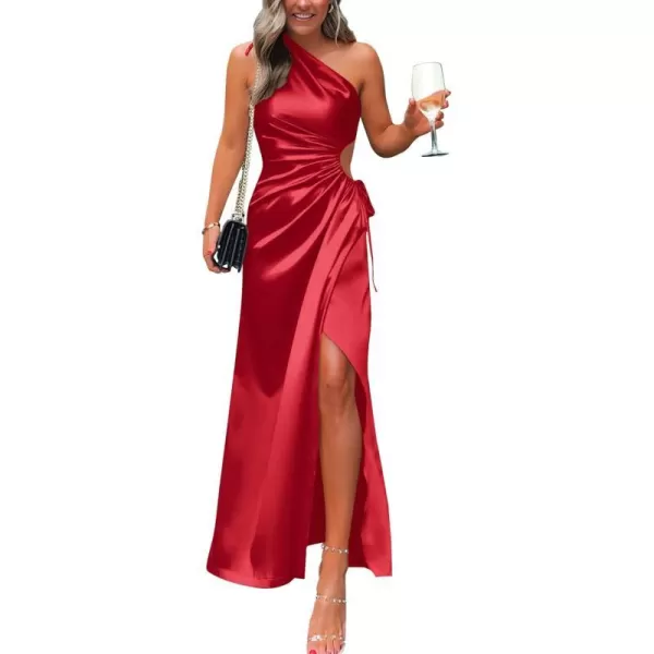 imageBTFBM Women 2023 One Shoulder Prom Dresses Sleeveless Cutout Ruched Adjustable Split Satin Party Cocktail Maxi DressSolid Red