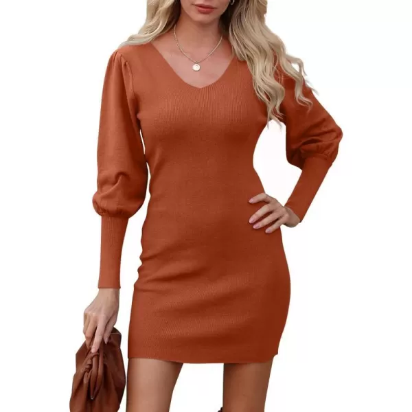 imageBTFBM Women 2023 Pullover Sweater Dress V Neck Long Sleeve Bodycon Embroidered Back Party Rib Knit Mini Fall DressesSolid Rust Red