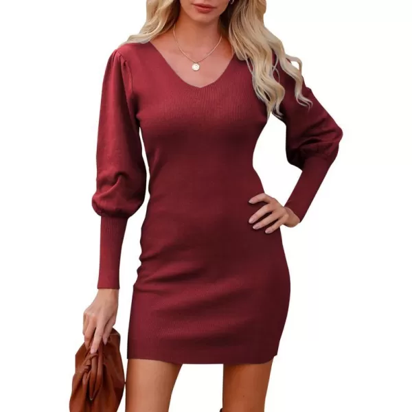 imageBTFBM Women 2023 Pullover Sweater Dress V Neck Long Sleeve Bodycon Embroidered Back Party Rib Knit Mini Fall DressesSolid Wine Red