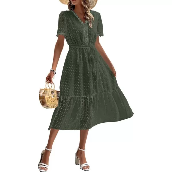 imageBTFBM Women 2023 Summer Boho Midi Dress Short Sleeve V Neck Swiss Dot Belted High Waist Ruffle Tiered ALine Beach DressSwiss Dot Army Green
