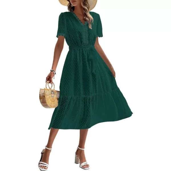 imageBTFBM Women 2023 Summer Boho Midi Dress Short Sleeve V Neck Swiss Dot Belted High Waist Ruffle Tiered ALine Beach DressSwiss Dot Dark Green