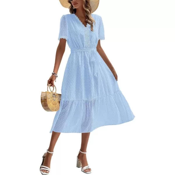 imageBTFBM Women 2023 Summer Boho Midi Dress Short Sleeve V Neck Swiss Dot Belted High Waist Ruffle Tiered ALine Beach DressSwiss Dot Light Blue
