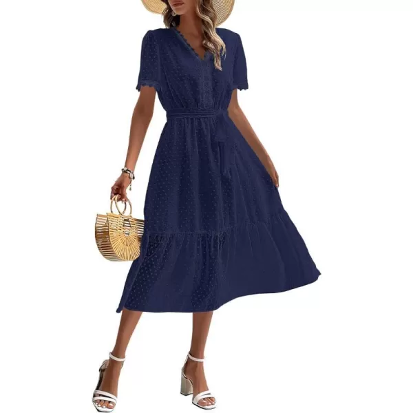 imageBTFBM Women 2023 Summer Boho Midi Dress Short Sleeve V Neck Swiss Dot Belted High Waist Ruffle Tiered ALine Beach DressSwiss Dot Navy