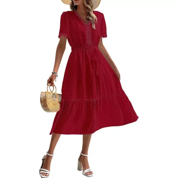 imageBTFBM Women 2023 Summer Boho Midi Dress Short Sleeve V Neck Swiss Dot Belted High Waist Ruffle Tiered ALine Beach DressSwiss Dot Red
