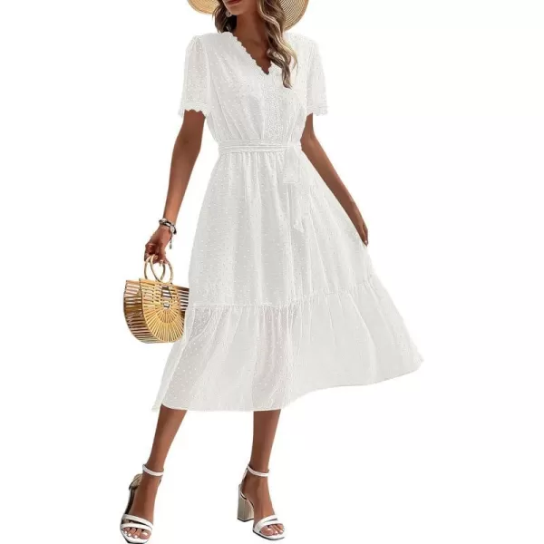 imageBTFBM Women 2023 Summer Boho Midi Dress Short Sleeve V Neck Swiss Dot Belted High Waist Ruffle Tiered ALine Beach DressSwiss Dot White