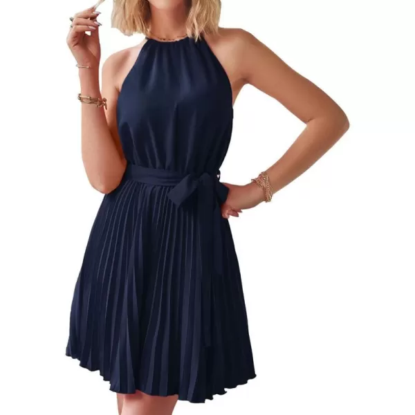 imageBTFBM Women 2023 Summer Casual Halter Neck ALine Dress Sleeveless Belted Swing Pleated Cocktail Party Beach Mini DressesSolid Navy