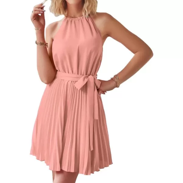 imageBTFBM Women 2023 Summer Casual Halter Neck ALine Dress Sleeveless Belted Swing Pleated Cocktail Party Beach Mini DressesSolid Pink