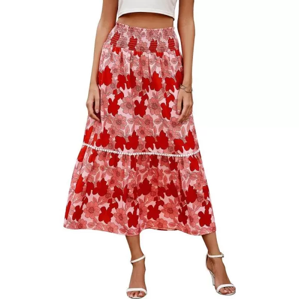 imageBTFBM Women 2023 Summer Fall Floral Long Skirts Casual Elastic High Waist Pleated Swing A Line Boho Beach Maxi SkirtBig Floral Red