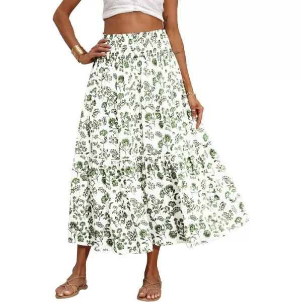 imageBTFBM Women 2023 Summer Fall Floral Long Skirts Casual Elastic High Waist Pleated Swing A Line Boho Beach Maxi SkirtFloral Army Green