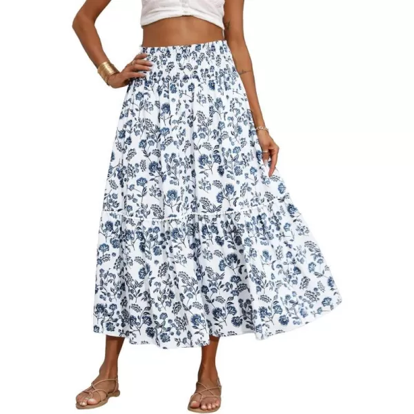 imageBTFBM Women 2023 Summer Fall Floral Long Skirts Casual Elastic High Waist Pleated Swing A Line Boho Beach Maxi SkirtFloral Dark Blue