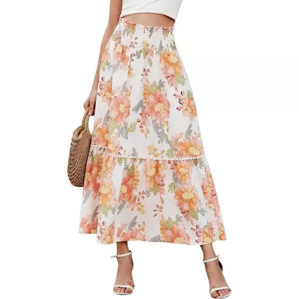 imageBTFBM Women 2023 Summer Fall Floral Long Skirts Casual Elastic High Waist Pleated Swing A Line Boho Beach Maxi SkirtFloral Orange Pink
