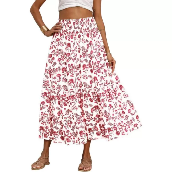 imageBTFBM Women 2023 Summer Fall Floral Long Skirts Casual Elastic High Waist Pleated Swing A Line Boho Beach Maxi SkirtFloral Red