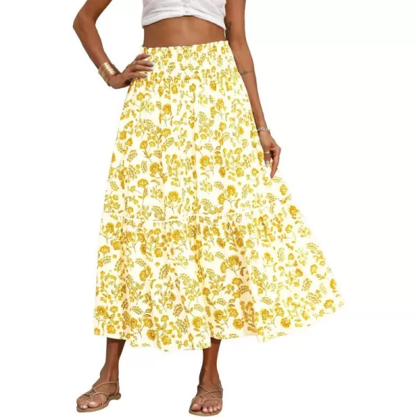imageBTFBM Women 2023 Summer Fall Floral Long Skirts Casual Elastic High Waist Pleated Swing A Line Boho Beach Maxi SkirtFloral Yellow
