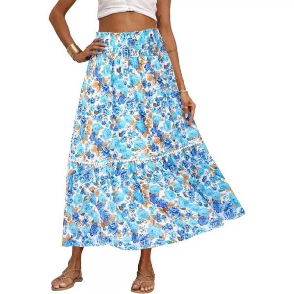 imageBTFBM Women 2023 Summer Fall Floral Long Skirts Casual Elastic High Waist Pleated Swing A Line Boho Beach Maxi SkirtFlower Blue