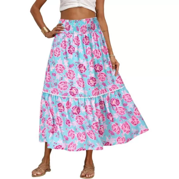 imageBTFBM Women 2023 Summer Fall Floral Long Skirts Casual Elastic High Waist Pleated Swing A Line Boho Beach Maxi SkirtFlower Blue Pink