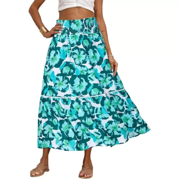 imageBTFBM Women 2023 Summer Fall Floral Long Skirts Casual Elastic High Waist Pleated Swing A Line Boho Beach Maxi SkirtFlower Green