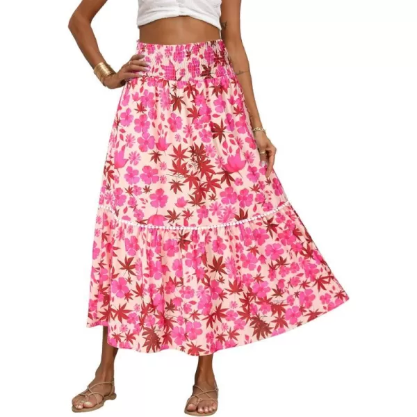 imageBTFBM Women 2023 Summer Fall Floral Long Skirts Casual Elastic High Waist Pleated Swing A Line Boho Beach Maxi SkirtFlower Rose Red