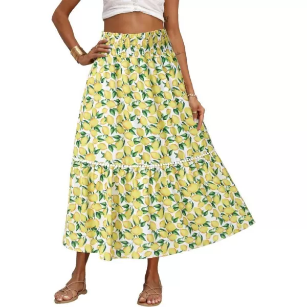 imageBTFBM Women 2023 Summer Fall Floral Long Skirts Casual Elastic High Waist Pleated Swing A Line Boho Beach Maxi SkirtLemon Yellow Green