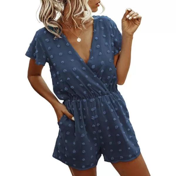 imageBTFBM Women 2023 Summer Fashion V Neck Wrap Rompers Swiss Dot Pocketed Elastic Waist Short Sleeve Beach Shorts JumpsuitDark Blue