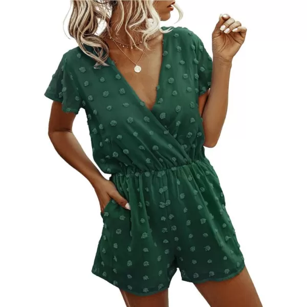 imageBTFBM Women 2023 Summer Fashion V Neck Wrap Rompers Swiss Dot Pocketed Elastic Waist Short Sleeve Beach Shorts JumpsuitDark Green