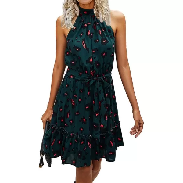 imageBTFBM Women 2023 Summer Halter Neck Dresses Sleeveless Casual Floral Polka Dot Leopard Print Short Boho Ruffle SundressDark GreenBlackOrange