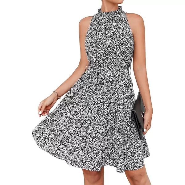 imageBTFBM Women 2023 Summer Halter Neck Dresses Sleeveless Casual Floral Polka Dot Leopard Print Short Boho Ruffle SundressFloral Print Black