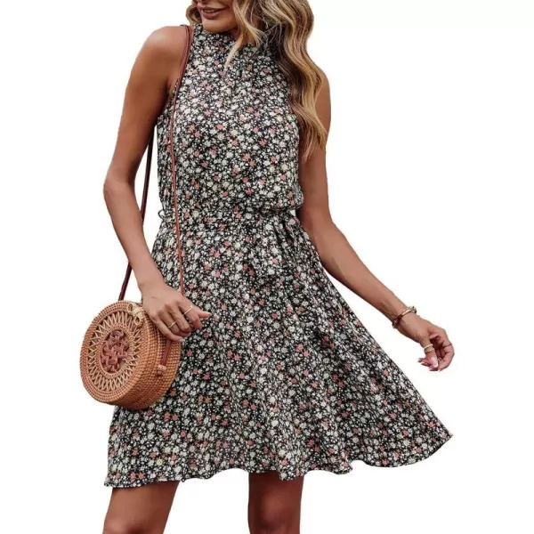 imageBTFBM Women 2023 Summer Halter Neck Dresses Sleeveless Casual Floral Polka Dot Leopard Print Short Boho Ruffle SundressFloral Print Black White