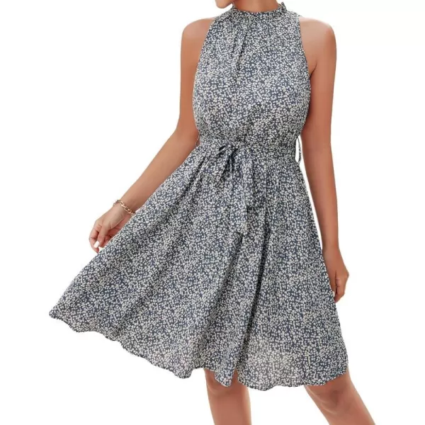 imageBTFBM Women 2023 Summer Halter Neck Dresses Sleeveless Casual Floral Polka Dot Leopard Print Short Boho Ruffle SundressFloral Print Blue