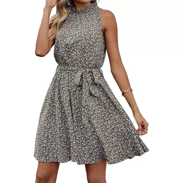 imageBTFBM Women 2023 Summer Halter Neck Dresses Sleeveless Casual Floral Polka Dot Leopard Print Short Boho Ruffle SundressFloral Print Dark Green