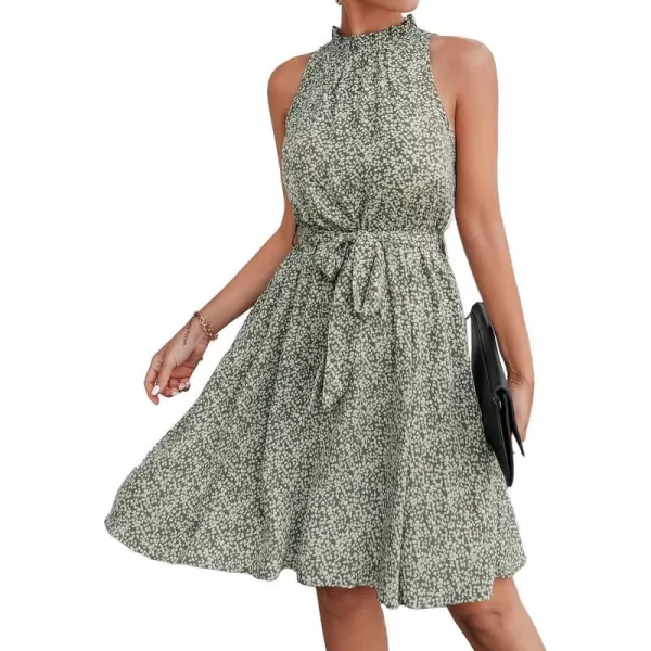 imageBTFBM Women 2023 Summer Halter Neck Dresses Sleeveless Casual Floral Polka Dot Leopard Print Short Boho Ruffle SundressFloral Print Green