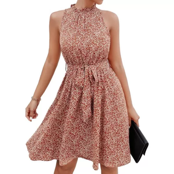 imageBTFBM Women 2023 Summer Halter Neck Dresses Sleeveless Casual Floral Polka Dot Leopard Print Short Boho Ruffle SundressFloral Print Red
