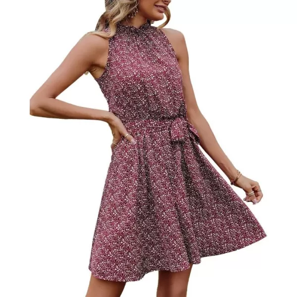 imageBTFBM Women 2023 Summer Halter Neck Dresses Sleeveless Casual Floral Polka Dot Leopard Print Short Boho Ruffle SundressFloral Print Wine Red