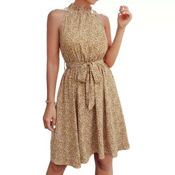 imageBTFBM Women 2023 Summer Halter Neck Dresses Sleeveless Casual Floral Polka Dot Leopard Print Short Boho Ruffle SundressFloral Print Yellow