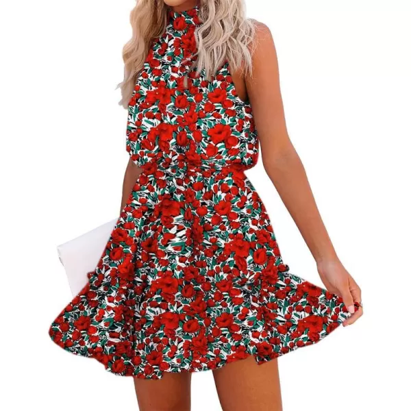 imageBTFBM Women 2023 Summer Halter Neck Dresses Sleeveless Casual Floral Polka Dot Leopard Print Short Boho Ruffle SundressFloral Red