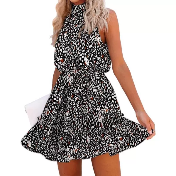 imageBTFBM Women 2023 Summer Halter Neck Dresses Sleeveless Casual Floral Polka Dot Leopard Print Short Boho Ruffle SundressLeopard Black