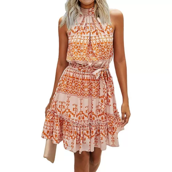 imageBTFBM Women 2023 Summer Halter Neck Dresses Sleeveless Casual Floral Polka Dot Leopard Print Short Boho Ruffle SundressOrangeWhite